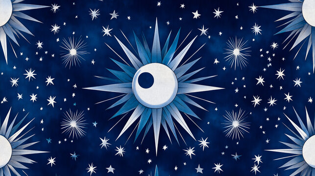 Ukrainian Cossack folk star and moon geometric pattern, modern minimalist night sky ornament, navy blue and silver seamless wallpaper, contemporary luxury design