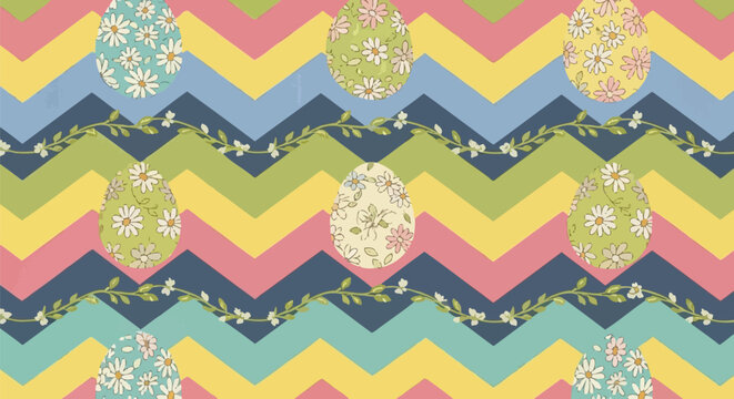 Vibrant easter pattern with colorful chevrons and floral easter eggs on pastel background