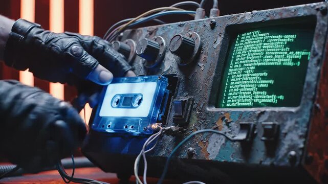 Retro technology cassette hacking cyberpunk glove computer monitor code data terminal and cyberpunk hacker retro device computer glove wire code spark neon repair technology on rusty console