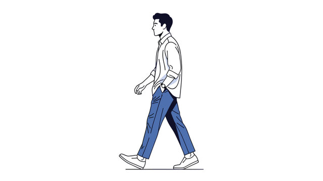 Young man dressed in a white long-sleeved shirt and blue trousers walks forward with a confident stride in a simple minimalist vector design style.