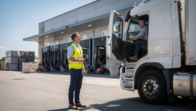 Truck Inspection Outdoors, Driver Checks Cargo Before Departure, Inspecting Truck At Loading Bay Outdoors, Driver Examines Vehicle And Cargo Before Departure Under Open Sky