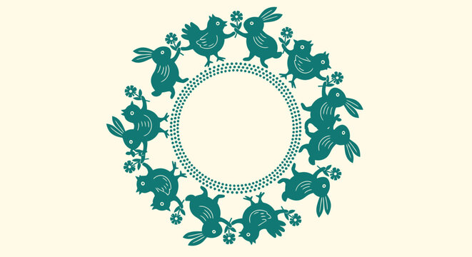 Easter wreath with green birds and flowers on cream background symbolizing spring and holiday cheer