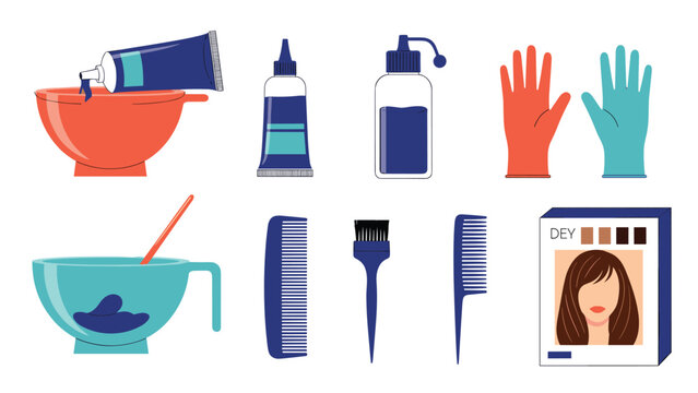 Detailed set of hair dyeing tools and products includes bowls, brushes, combs, protective gloves, and a box of professional hair color for a salon.