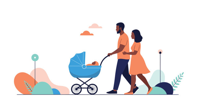 Happy African American couple walks together through a scenic park while pushing a blue baby stroller during a warm sunset stroll in the evening.