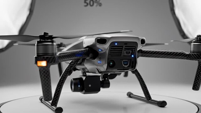Professional drone quadcopter carbon fiber aerial camera close up in studio lighting, futuristic flying robot technology innovation photography videography sleek modern gadget design