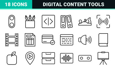 Fototapeta premium Media Content Creator Technical Monoline Outline Symbols for Digital Video Editing and Graphic Design Workflow Management