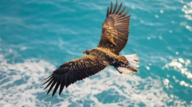 A majestic eagle soaring over vibrant blue ocean waters.