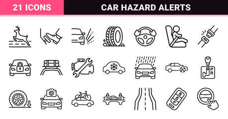 Naklejka premium Automotive Safety Dashboard Symbols and Road Hazard Alerts Monoline Set, Minimalist Vehicle Maintenance and Driving Warning Technical Line Art.
