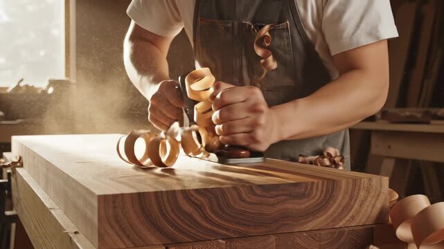 Skilled carpenter woodworker hand plane wood shaving carpentry woodworking craft workshop manual labor joinery dust planing wood block creating curly shaving warm woodworking carpenter hand plane