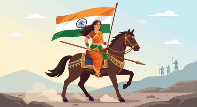 Rani Lakshmibai riding horse with Indian flag in hand across landscape