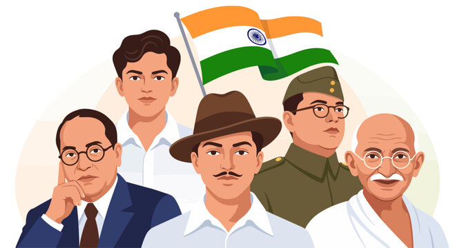 Illustration of Indian freedom fighters with flag in background