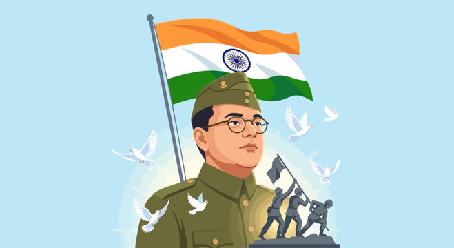 Netaji Subhas Chandra Bose in military uniform holding Indian flag