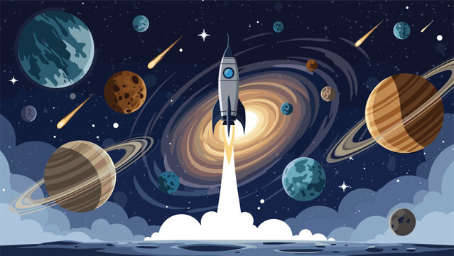 Rocket ship launches from a lunar surface into a vibrant space filled with colorful planets, stars, and a swirling galaxy.