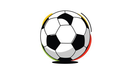 Fototapeta premium Classic black and white soccer ball is shown with vibrant yellow, green, and red abstract circular splashes on white.