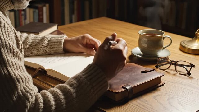 Cozy writing desk with warm light coffee cup and open notebook leather journal on wooden table for peaceful evening study and home library writing scene