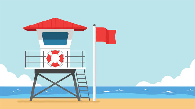 White lifeguard tower with a red roof and a lifebuoy stands on a sandy beach next to a pole with a red warning flag.