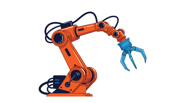 Modern orange industrial robotic arm with a blue mechanical claw designed for precise automated tasks in high-tech manufacturing factories.