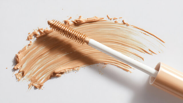 An applicator wand smears liquid foundation on a white surface, showcasing its smooth texture and light beige color.