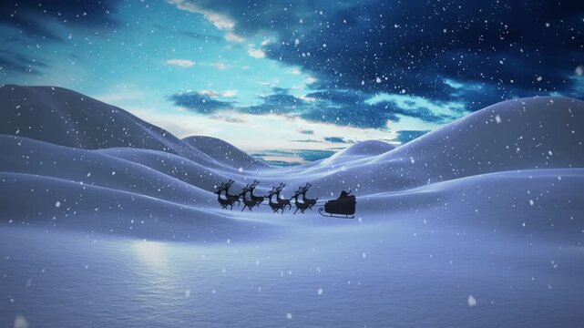 Animation of santa claus in sleigh with reindeer moving over winter landscape at christmas