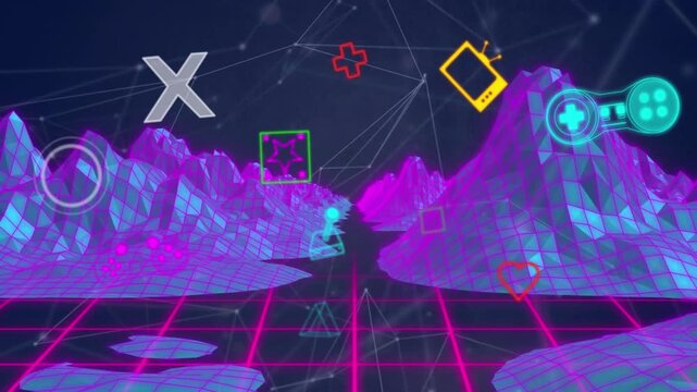 Animation of diverse gamins neon gadgets moving over metaverse landscape