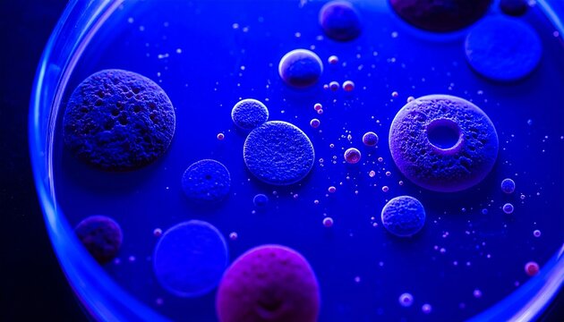 Cellular Microcosm: A captivating shot of abstract cell forms, revealing intricate textures and structures within a scientific petri dish, immersed in an ultramarine glow. 