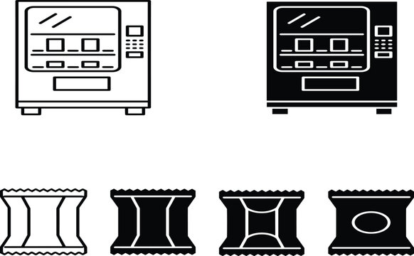 Vending machine and candy wrapper icon set in outline and silhouette style, snack dispenser and sweet packaging vector illustration for retail automation concept