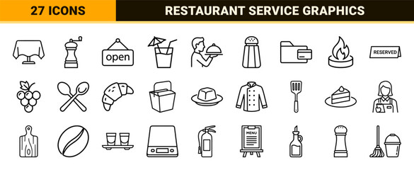 Fototapeta premium Hospitality Service Monoline Symbols featuring Minimalist Restaurant Staff and Dining Equipment in a Sophisticated Technical Outline Aesthetic