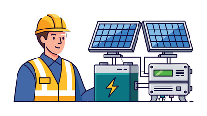 Eco-Friendly Power: A skilled engineer, symbolizing innovation and responsibility, stands beside a solar power setup, championing the cause of clean, renewable energy for a sustainable future. © mahmuda428