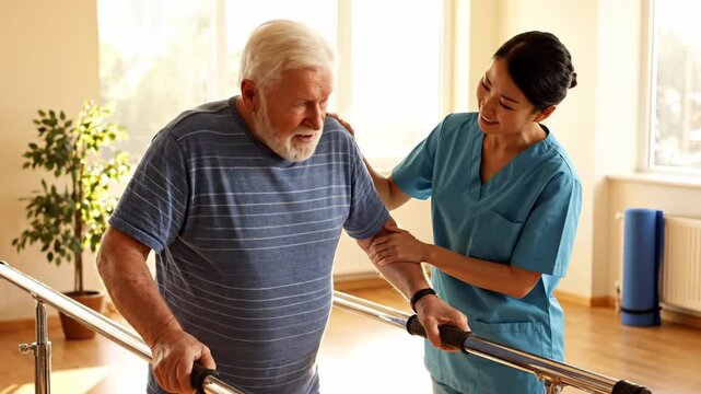Nurse helps senior man walking in rehabilitation center. Senior patient uses parallel bars for recovery. Nurse supports man during rehabilitation. Senior man walking with nurse. Physical therapy.