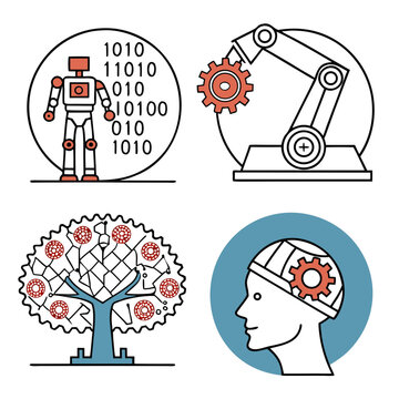 Modern robotic engineering concepts with binary code robot industrial arm manipulator decision tree diagram and human head with cognitive gear icon