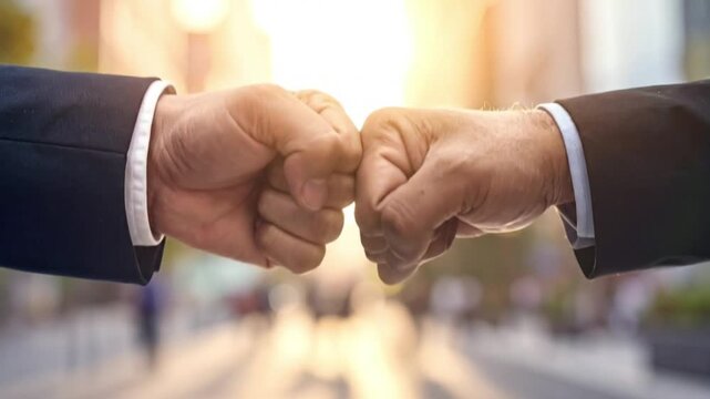 Two hands in a fist bump, symbolizing partnership in a sunny city.