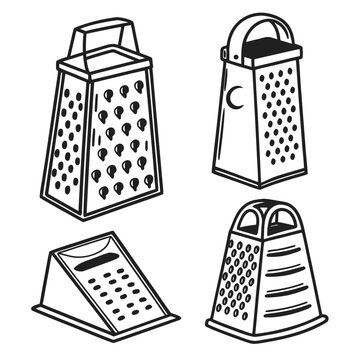 Set of four different hand drawn cheese grater icons in black and white line art style representing various kitchen equipment for food preparation