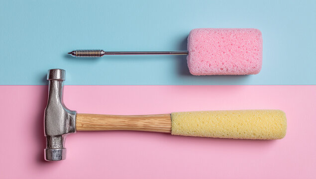 Surreal creative flat lay of impossible tools with hammer and sponge on split blue and pink background April Fools Day