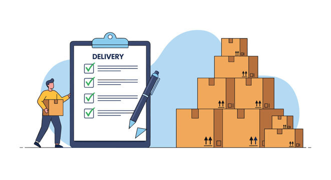 Logistics and package delivery concept with a courier holding a box next to a clipboard checklist and a stack of cartons.