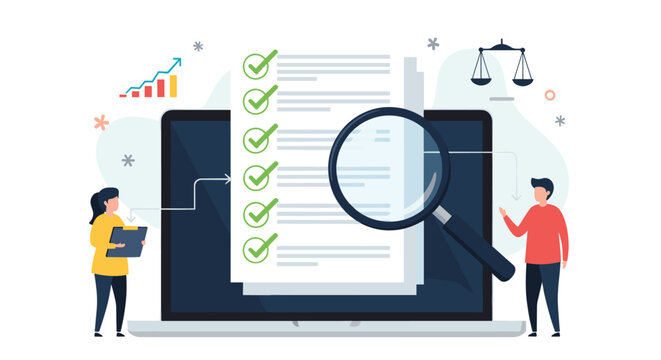 Online document verification and verification concept featuring people checking a list on a laptop screen with a magnifier.