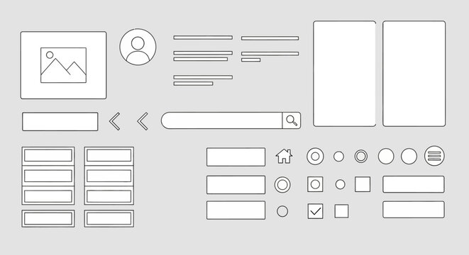 Web Design Wireframe Elements for User Interface with Navigation and Input Fields on an Isolated White Background