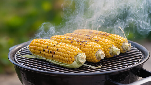 Three ears of corn grill over an open flame outdoors, with charred kernels and rising steam, evoking a warm, summery, and inviting atmosphere.
