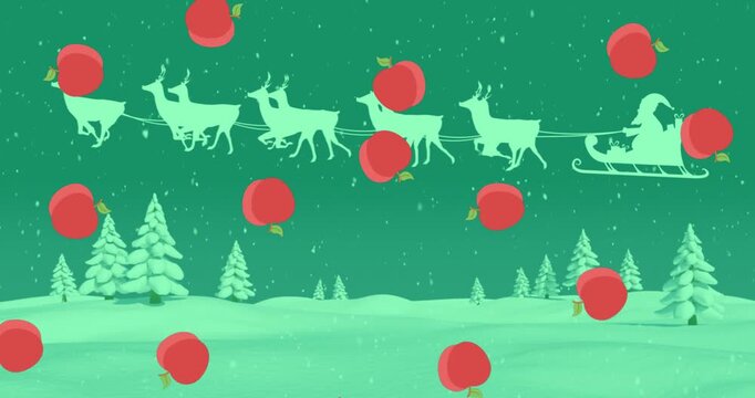 Animated loop of Santa in sleigh with falling apples.