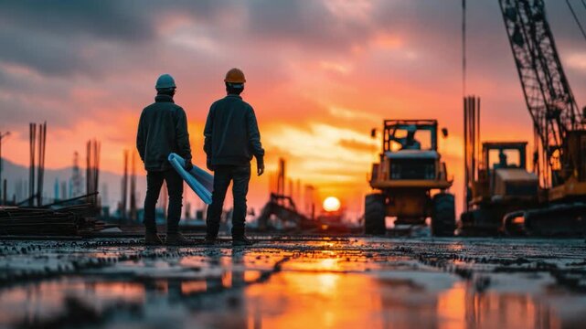 Construction Team on Site: Two construction workers stand on a construction site, the setting sun casts a warm glow, creating a dramatic backdrop. They observe the ongoing progress of the work.