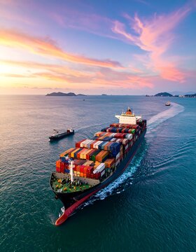 Large cargo ship sailing through ocean under colorful sunset