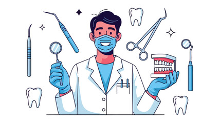 Dentist and Dental Instruments: A dentist stands proudly, surrounded by essential dental instruments, representing a commitment to oral health and patient care. © mahmuda428