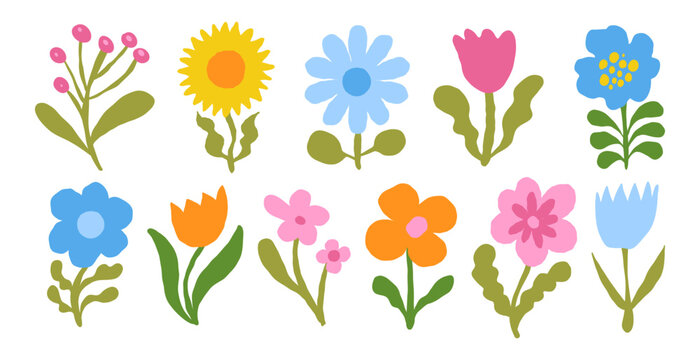 Vector hand drawn sketchy doodle illustration, flowers for prints and cards, simple minimal design elements, blossom and spring