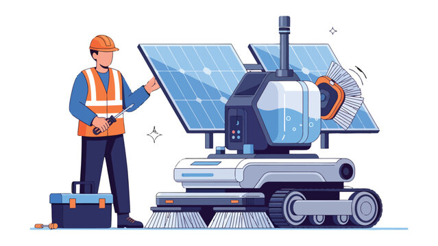 Solar Panel Technician & Cleaning Robot: A technician works with a solar panel cleaner, a high-tech tool, ensuring sustainable energy