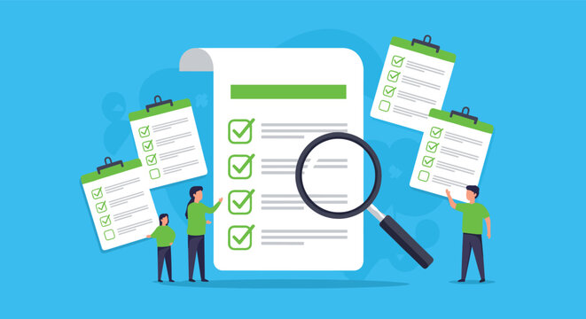 Business audit and document review concept with people examining a large checklist and several clipboards with a magnifier.
