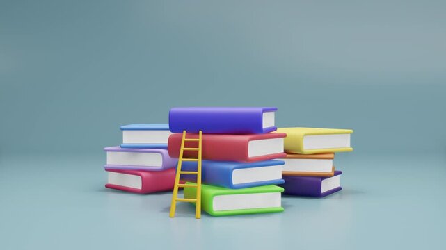 3d animation video footage of happy world book day. Copyright, literature, education concept. Book festival, back to school concept design. Stack of colorful books and graduation cap. 3d animation