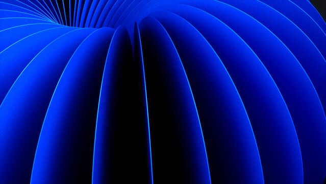 Abstract 3D render of a central sphere floating over a spiral vortex of blue plates. Futuristic background with a blue ball on a geometric stage.
