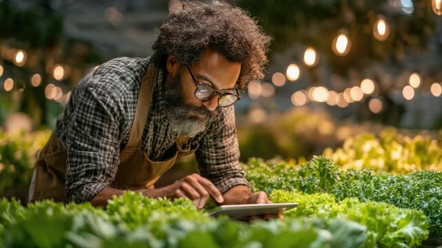 Cultivating Excellence: A focused individual in glasses, amidst a vibrant greenhouse of thriving greens, diligently monitors data on a tablet. He embodies dedication and commitment