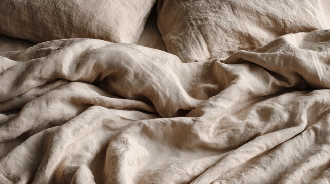 Casual crumpled linen bedspread closeup with soft creases and layered folds, livedin aesthetic highlights breathable fabric and natural color for everyday home and product storytelling