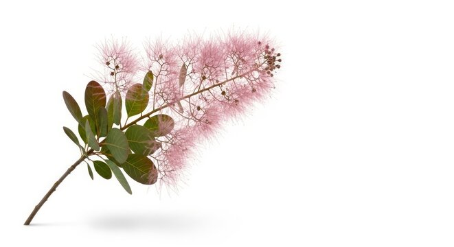 Pink flower Cotinus coggygria branch with leaves, isolated image, photo on a white background, copy space