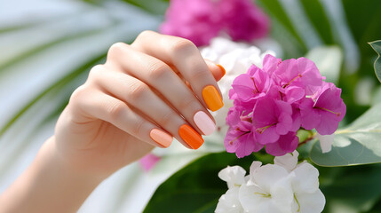 Fototapeta premium Female hand with colorful manicure featuring orange, pink, and white nails gently touching vibrant flowers in a lush garden setting with green foliage